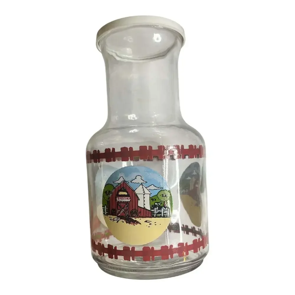Vintage KIG Glass Carafe Juice Pitcher Farm Country Barnyard with Plastic Lid